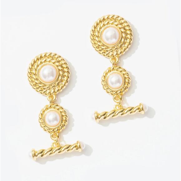 NWOT Frasier Sterling Derby Earrings Drop Dangle 14K Gold Plated Faux Pearl - Picture 1 of 4